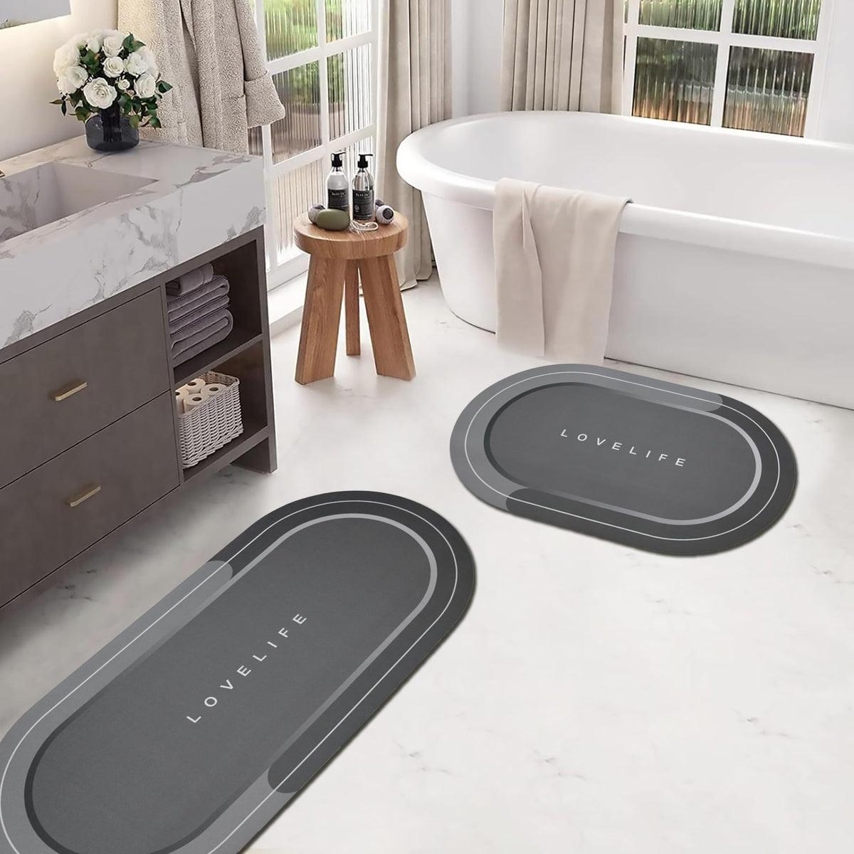 Rubber Bath mats Quick-Drying Non-Slip Bathroom mat Super Absorbent Bath mat Instant Dry Bath mat, Bathroom Rug in Front of The Kitchen Sink, Shower Room, Bathtub, Oval(Grey+16.9x26.7in)