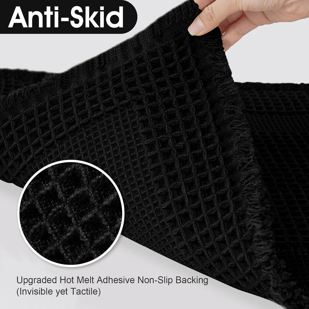 Upgraded Waffle Bath Mat Set 3 Piece Black-Looped, Super Absorbent Non-Slip Quick Dry Bathroom Rugs with Tassels, Machine Washable Ultra Soft Boho Bath Rugs for Floor, Toilet Mats Boho Farmhouse Decor