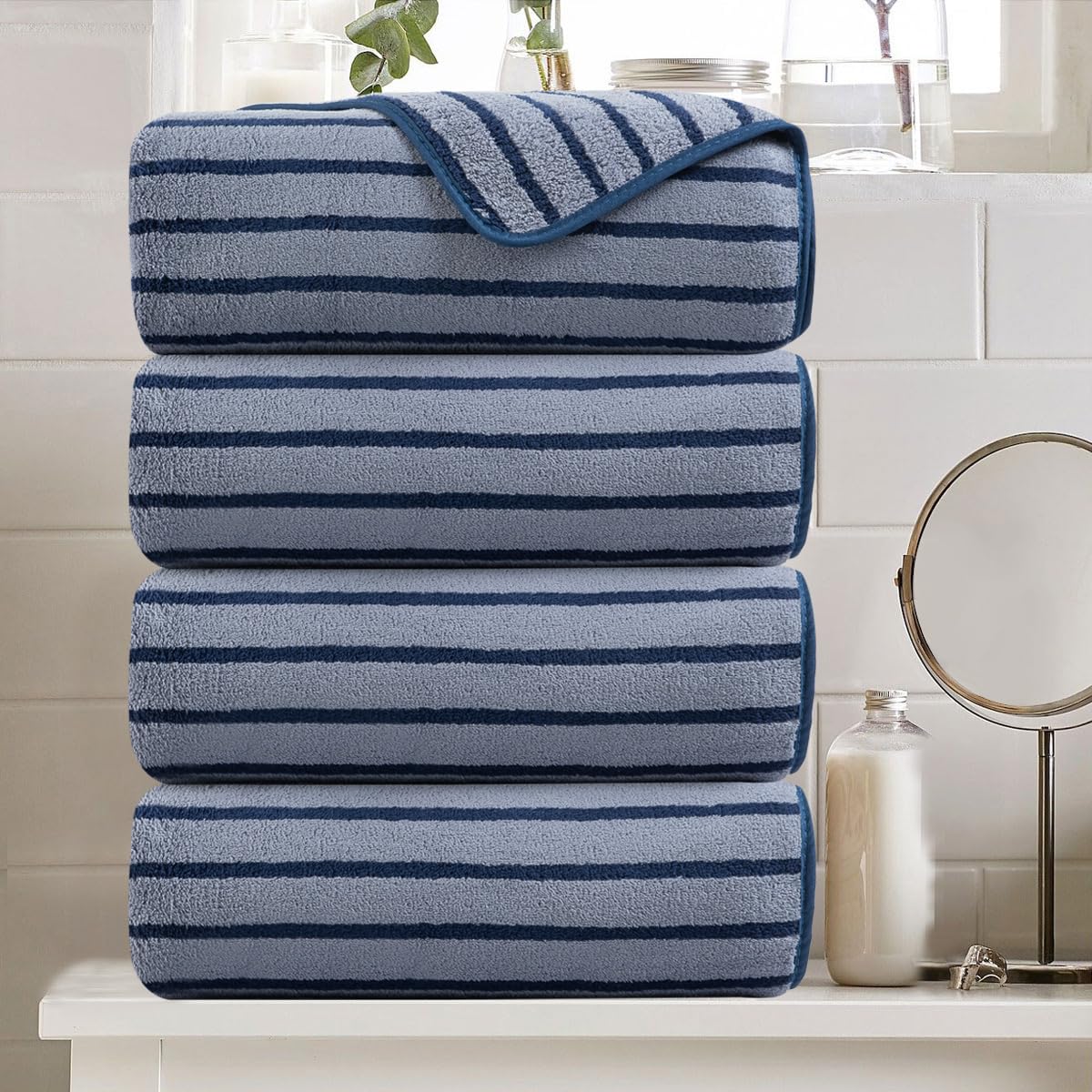 8 Pcs Brown Cabana Stripe Large Bath Towel Set-2 Bathroom Towels,2 Hand Towels,4 Washcloths Lightweight Soft Microfiber Bath Sheet Absorbent Shower Towel Quick Dry Beach Chair Spa Gym Hotel Towels