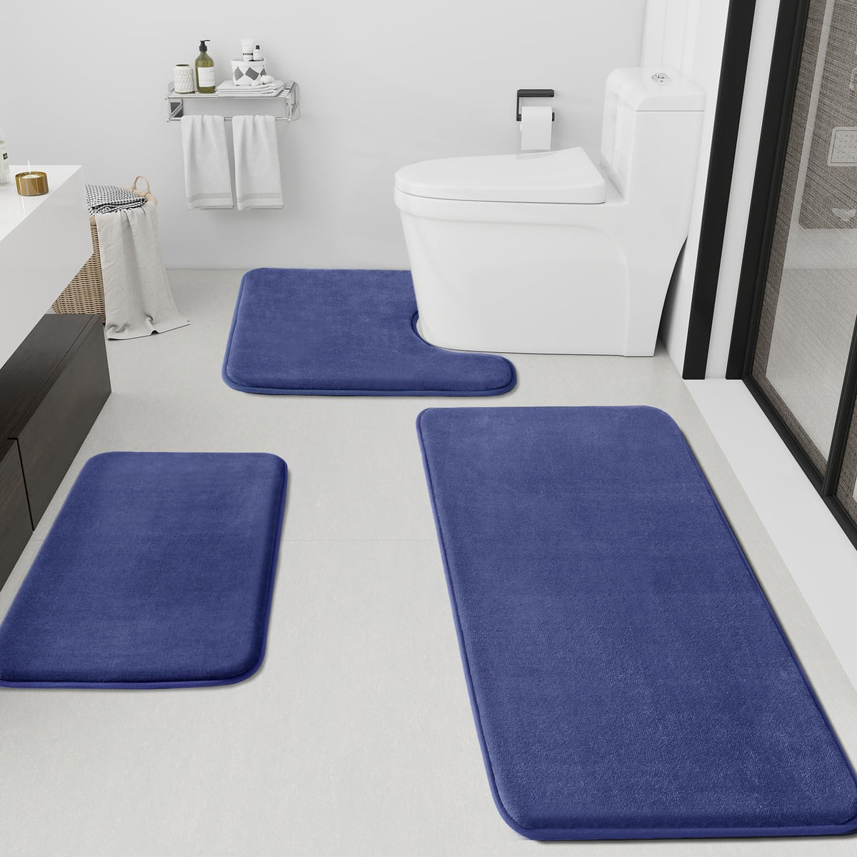 HUXMEYSON Bathroom Rugs Sets 3 Piece, Non-Slip & Quick Dry Bath Mat Set, Ultra Soft Velvet Bath Rugs for Bathroom, Toilet and Shower Floor, Grey