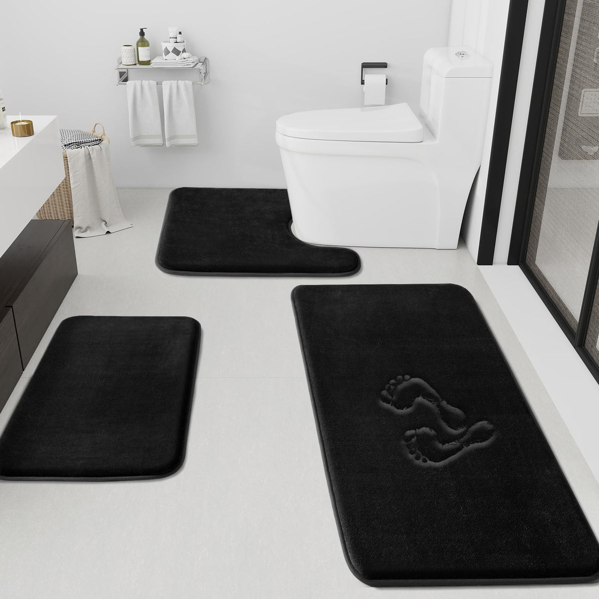 HUXMEYSON Bathroom Rugs Sets 3 Piece, Non-Slip & Quick Dry Bath Mat Set, Ultra Soft Velvet Bath Rugs for Bathroom, Toilet and Shower Floor, Grey