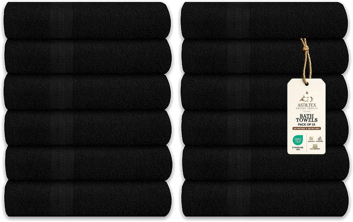 Bath Towels Pack of 6 – 24" x 48" – 100% Cotton Terry, Soft, Quick-Dry & Highly Absorbent – Black Towels for Bathroom, Spa, Gym, Hotel, Pool & Everyday Use