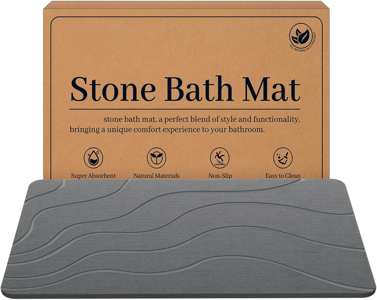 Jiloma Stone Bath Mat Diatomite Stone Mats for Bathroom Non-Slip Diatomaceous Earth Mat Super Absorbent Bathroom Floor Mat Natural Easy to Clean (24 * 16 Grey)