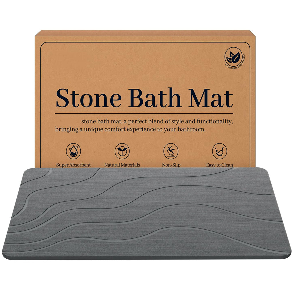 Jiloma Stone Bath Mat Diatomite Stone Mats for Bathroom Non-Slip Diatomaceous Earth Mat Super Absorbent Bathroom Floor Mat Natural Easy to Clean (24 * 16 Grey)