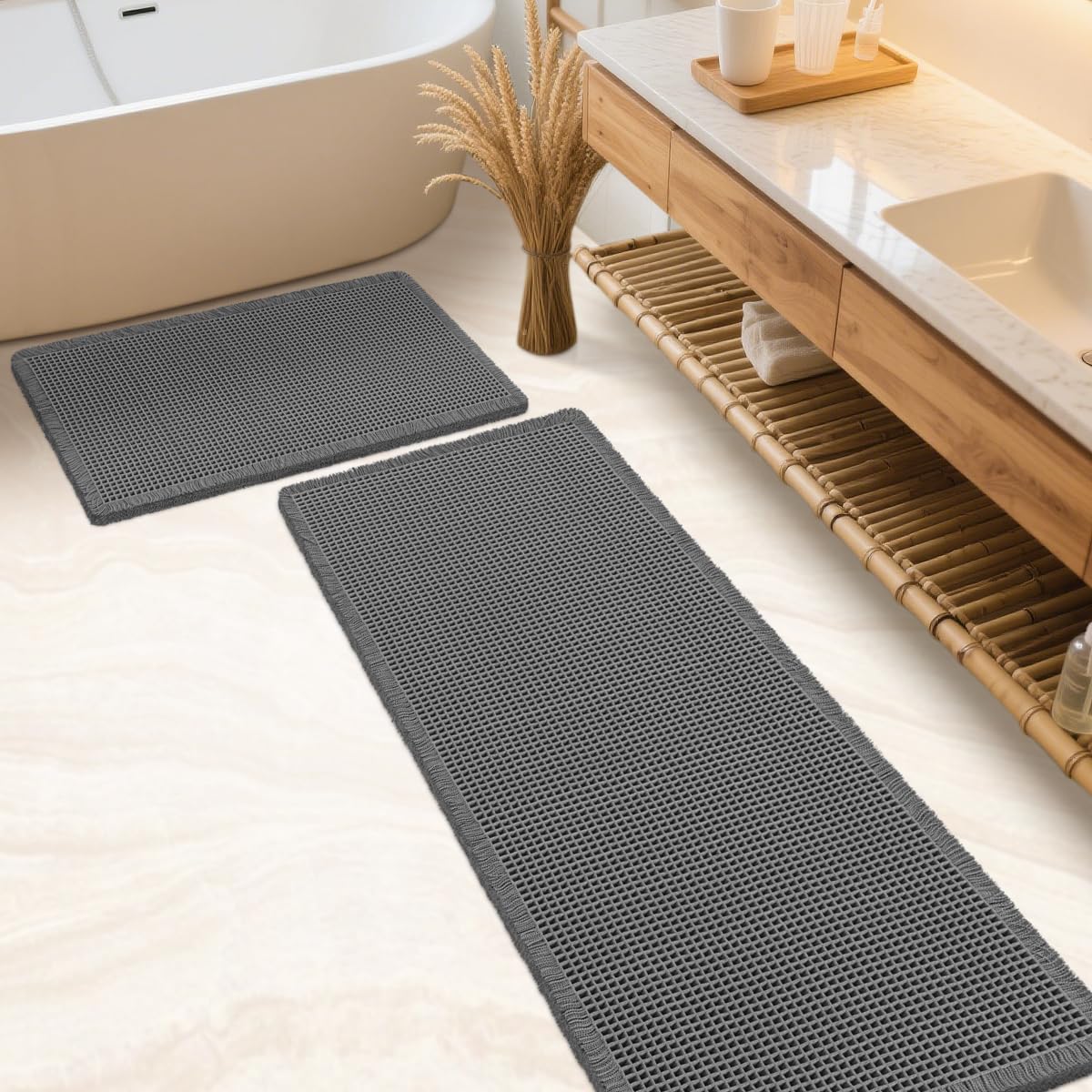 IM HOME Waffle Bath Mat Beige 32"x20", Boho Woven Modern Bath Mat Rugs, Absorbent Non Slip Bathroom Rugs, Soft Washable Bath Rugs with Tassels for Bathroom, Bedroom, Kitchen, Shower, Tub