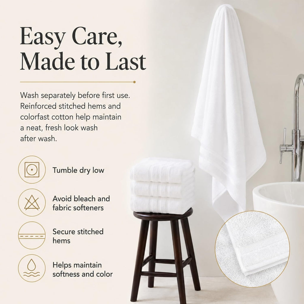 Velqora Large Bath Towels 4 Pack, 30x60 in, 100% Cotton, White