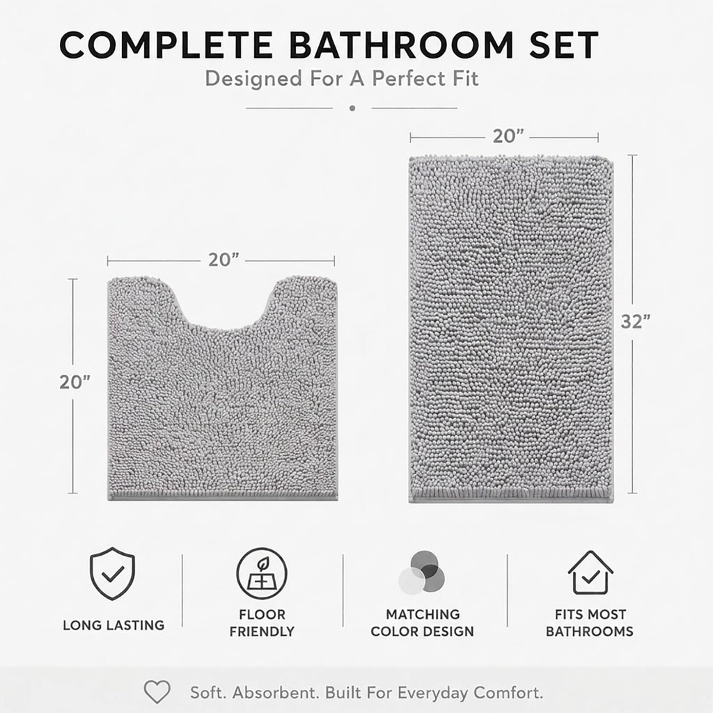Bathroom Rugs Sets 2 Piece,Super Absorbent Soft,Thick,Machine Washable Chenille Bath Mat,Non Slip Toilet Floor Rug,Bath Mats for Bathroom,20x32 Plus 20x20 U Shape,Light Grey