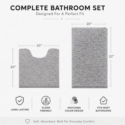Bathroom Rugs Sets 2 Piece,Super Absorbent Soft,Thick,Machine Washable Chenille Bath Mat,Non Slip Toilet Floor Rug,Bath Mats for Bathroom,20x32 Plus 20x20 U Shape,Light Grey