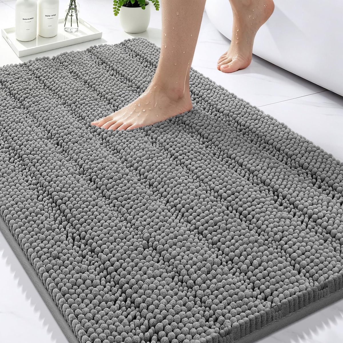 Bcoimo Small Bath Rug Mat,24x17 Chenille Non Slip Black Bathroom Floor Mats