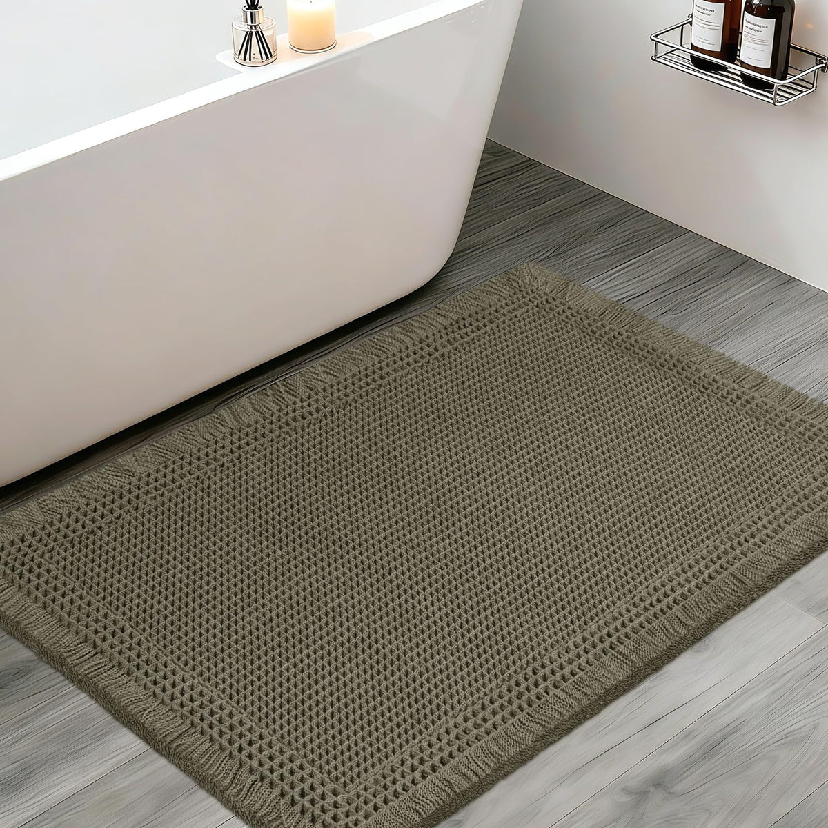 Upgraded Waffle Bath Mat Set 3 Piece Black-Looped, Super Absorbent Non-Slip Quick Dry Bathroom Rugs with Tassels, Machine Washable Ultra Soft Boho Bath Rugs for Floor, Toilet Mats Boho Farmhouse Decor