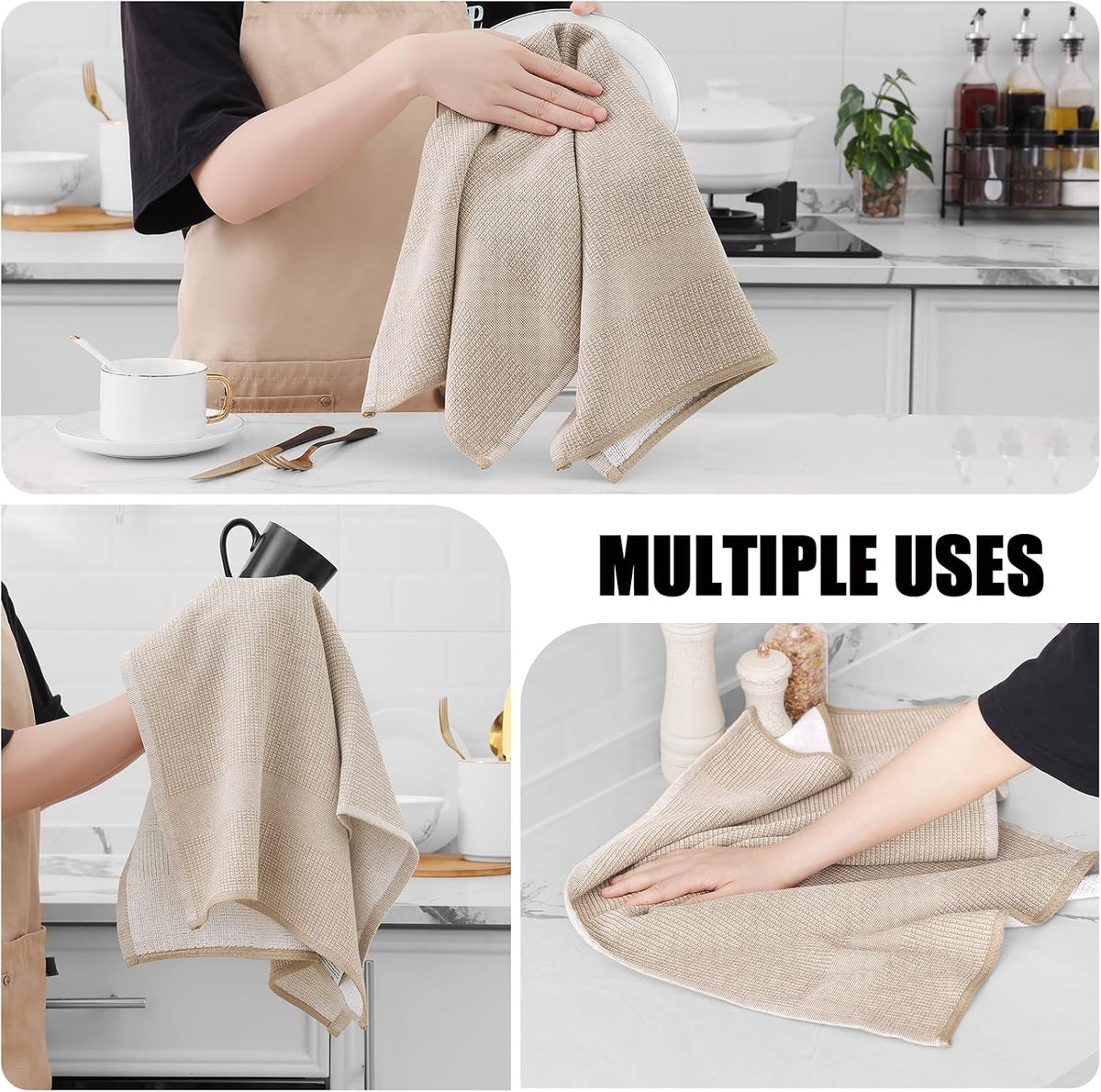 Homaxy 380 GSM Cotton Premium Kitchen Towels 6 Pack, 18"x 28", Khaki