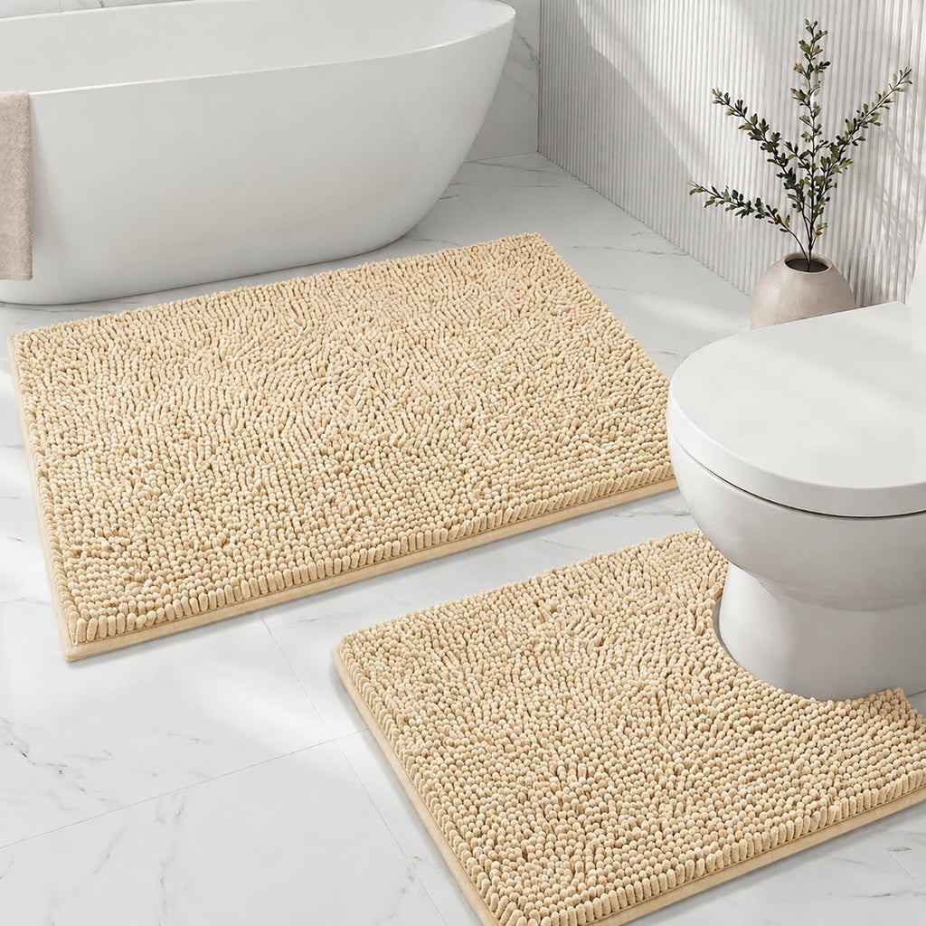 Bathroom Rugs Sets 2 Piece,Super Absorbent Soft,Thick,Machine Washable Chenille Bath Mat,Non Slip Toilet Floor Rug,Bath Mats for Bathroom,20x32 Plus 20x20 U Shape,Light Grey