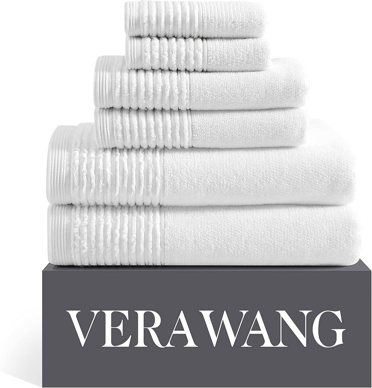 Vera Wang - Bath Towels, Plush Cotton Bathroom Towels with Zero Twist Design, Highly Absorbent & Low-Lint, Set of 6 (Sculpted Pleat White)