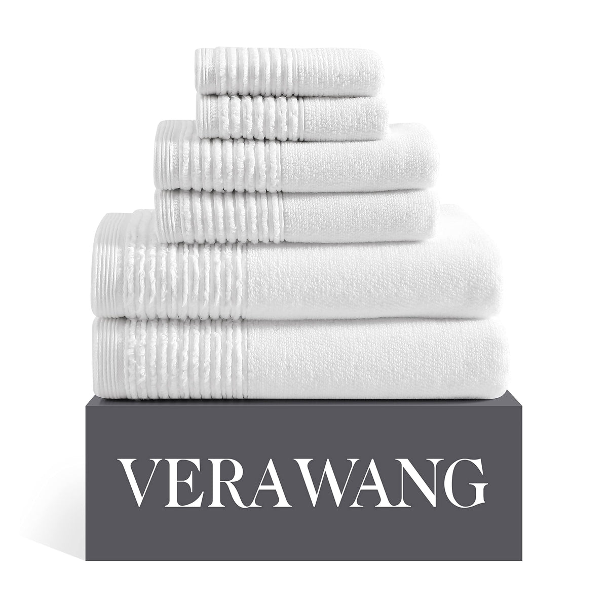 Vera Wang - Bath Towels, Plush Cotton Bathroom Towels with Zero Twist Design, Highly Absorbent & Low-Lint, Set of 6 (Sculpted Pleat White)