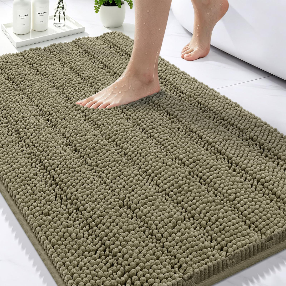 Bcoimo Small Bath Rug Mat,24x17 Chenille Non Slip Black Bathroom Floor Mats