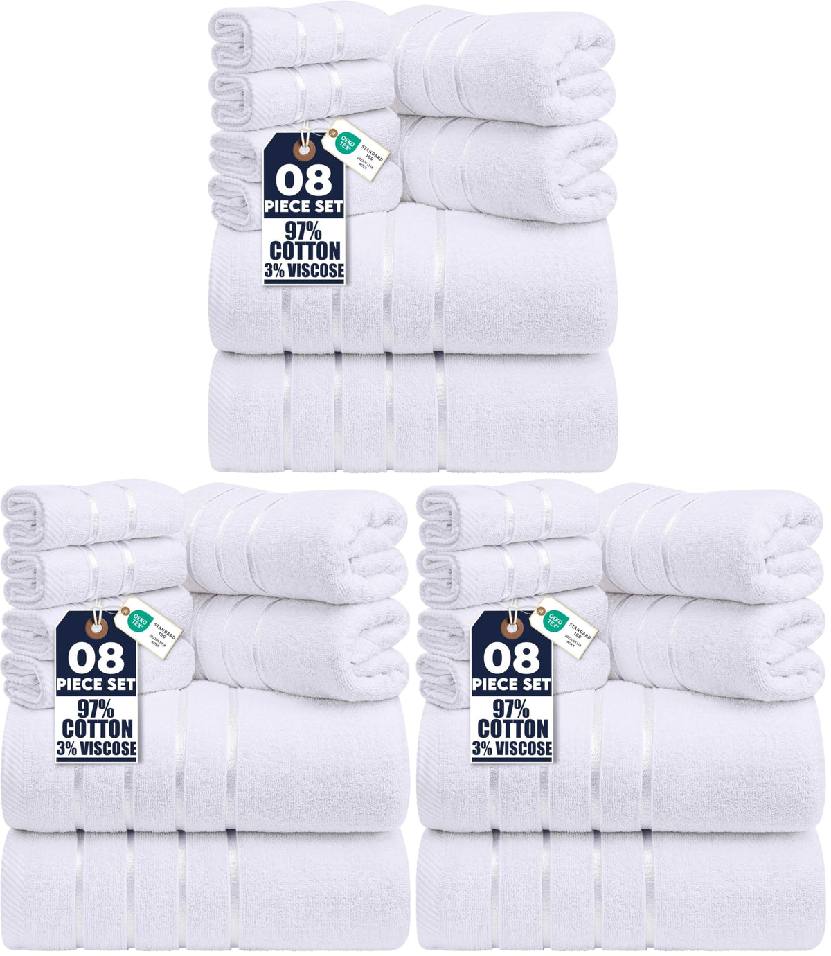 Utopia Towels 8 Piece Luxury Towel Set, 600 GSM, Viscose Stripe, White