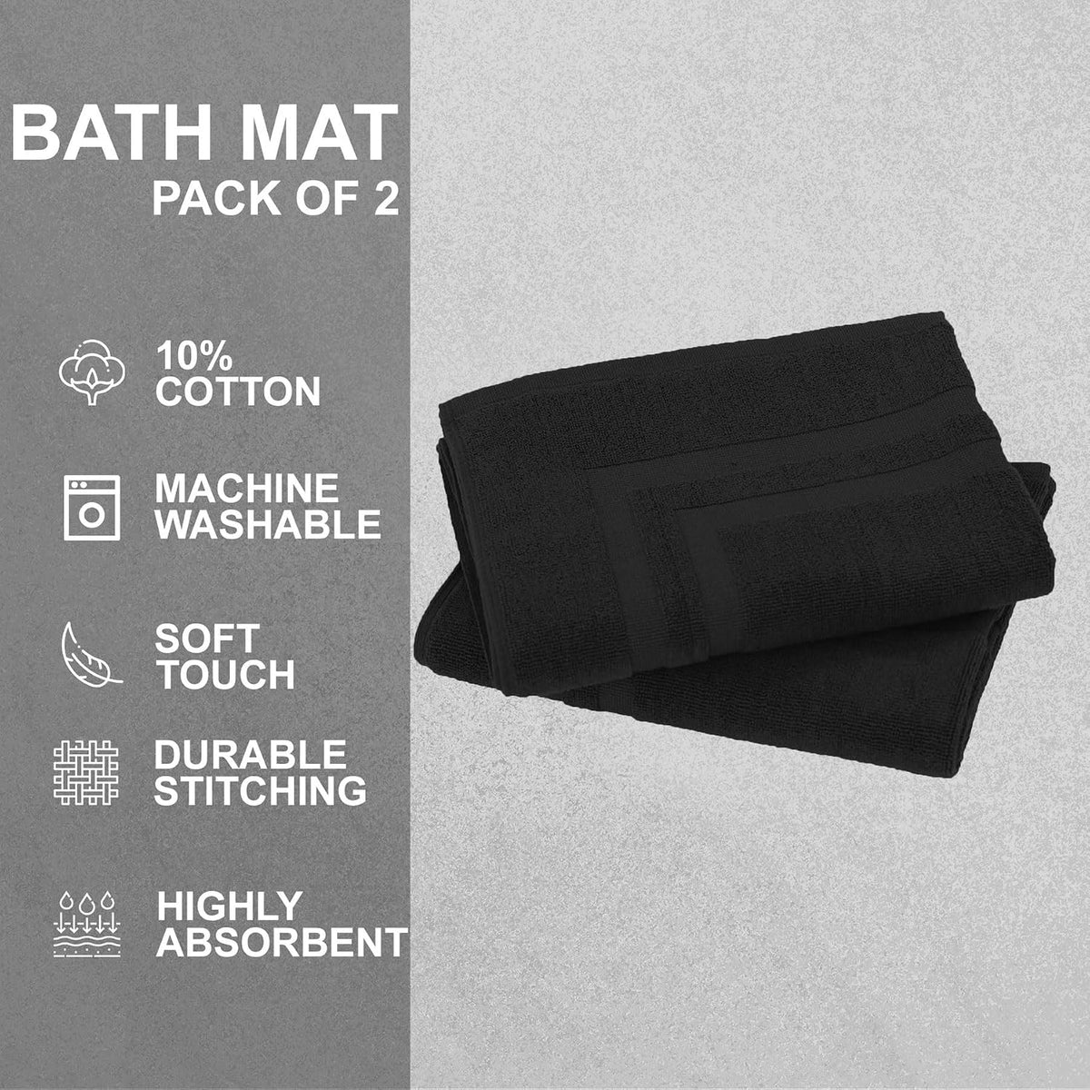 GOLD TEXTILES Premium Black Bath Mat - 2 Pack 22x34 Inches - Not a Bathroom Rug - 100% Ring Spun Cotton - Highly Absorbent & Non Slip Shower Bathroom Floor Mat Towel - Machine Washable