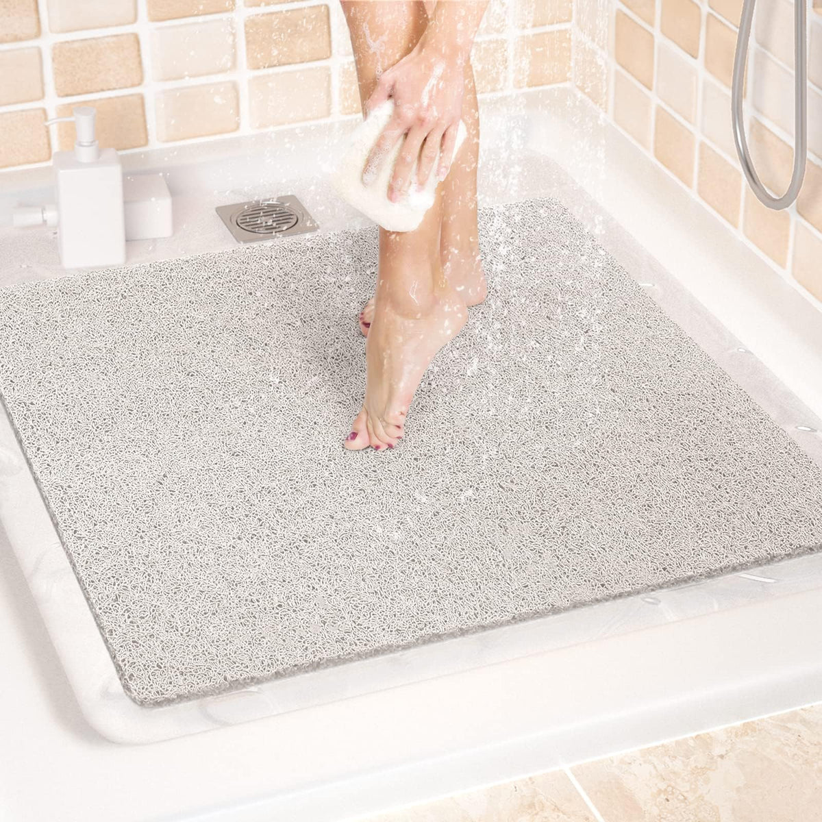 LuxStep Shower Mat Bathtub Mat,24x16 inch, Non-Slip Bath Mat with Drain, Quick Drying PVC Loofah Bathmat for Tub,Shower,Bathroom (Phthalate Free,Grey)