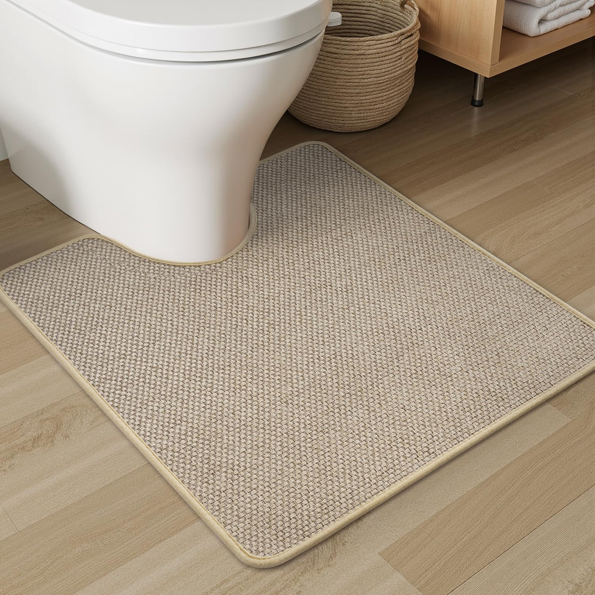 PADOOR Non-Slip Bath Mat With Rubber-Backing, Braided Absorbent Machine Washable Thin Rug for Bathroom Floor, Quick Dry, Fits Under Door, 17''x24'' Beige