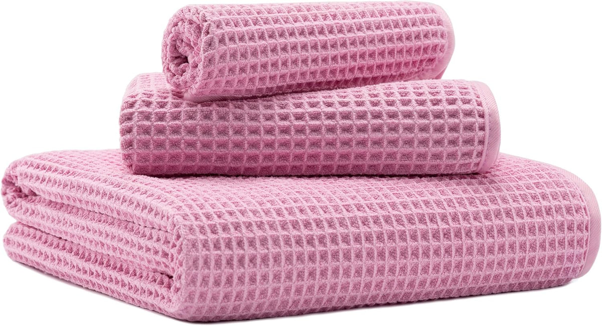 MICROFI Microfiber Waffle Bath Towels, 3 Pieces, Oversized, Soft, Absorbent, Fast Drying, Lint Free, Includes Bath, Face and Hand Towels 430 GSM