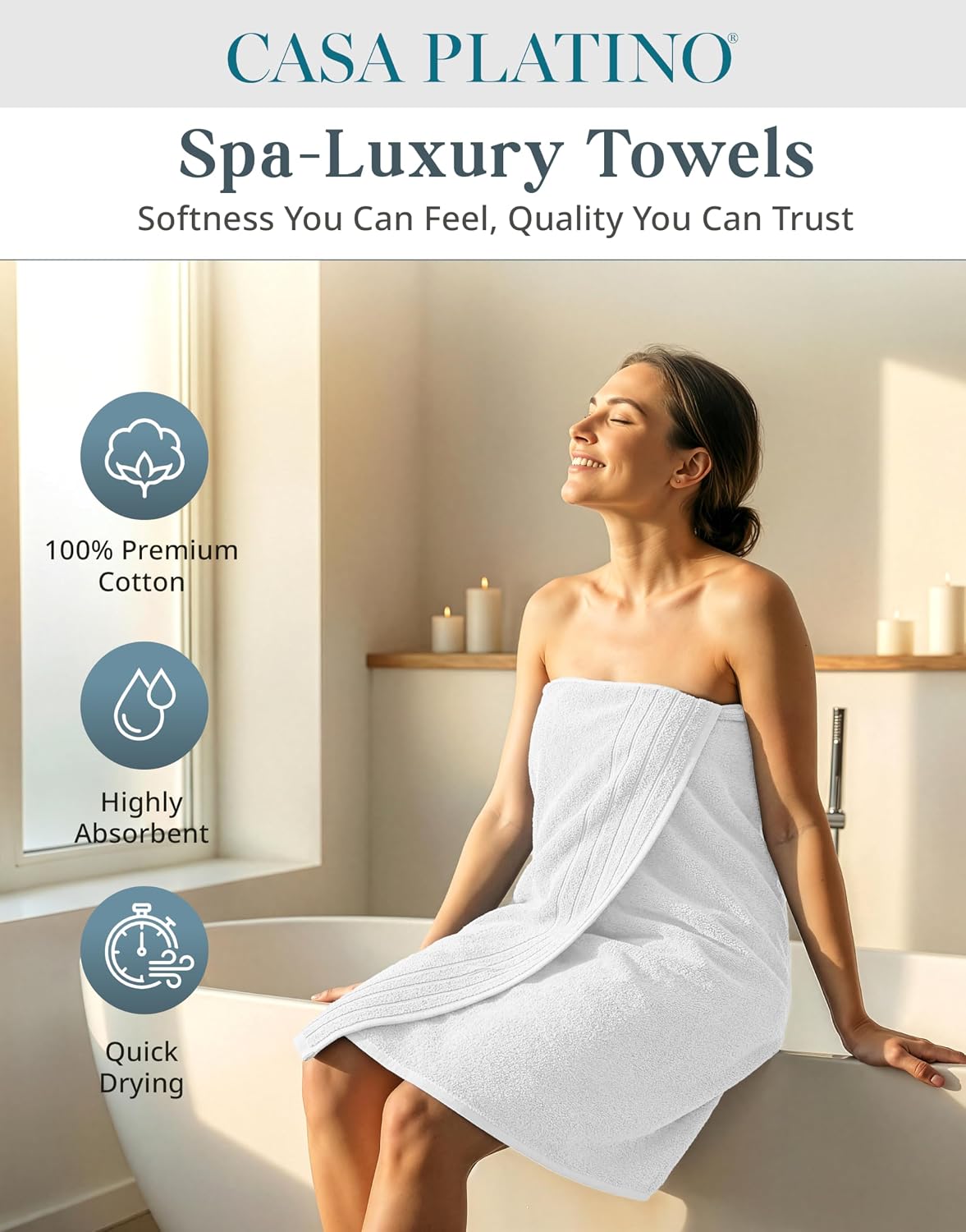Casa Platino Large Bath Towel Set Absorbent Quick Dry 100% Cotton - White