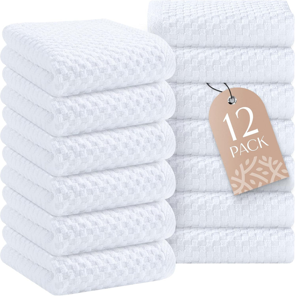 Wealuxe Super Absorbent Kitchen Towels 12 Pack - Premium 100% Cotton Kitchen Towels, 450GSM Thick Machine Washable White Dish Towels for Kitchen Drying, Cleaning, Dobby Weave, Unmatched Quality