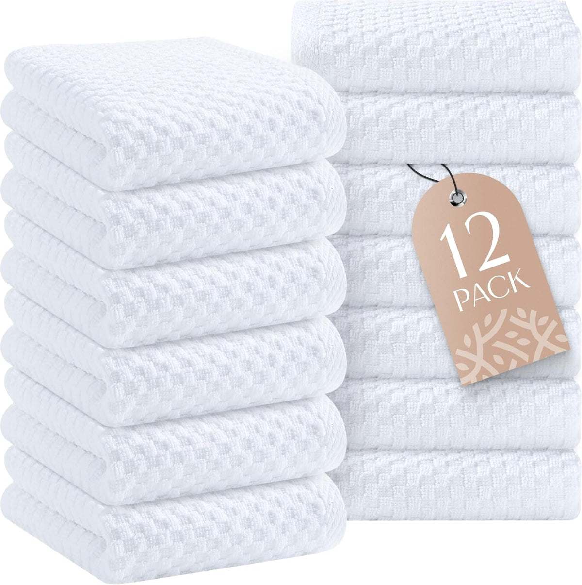 Wealuxe Super Absorbent Kitchen Towels 12 Pack - Premium 100% Cotton Kitchen Towels, 450GSM Thick Machine Washable White Dish Towels for Kitchen Drying, Cleaning, Dobby Weave, Unmatched Quality