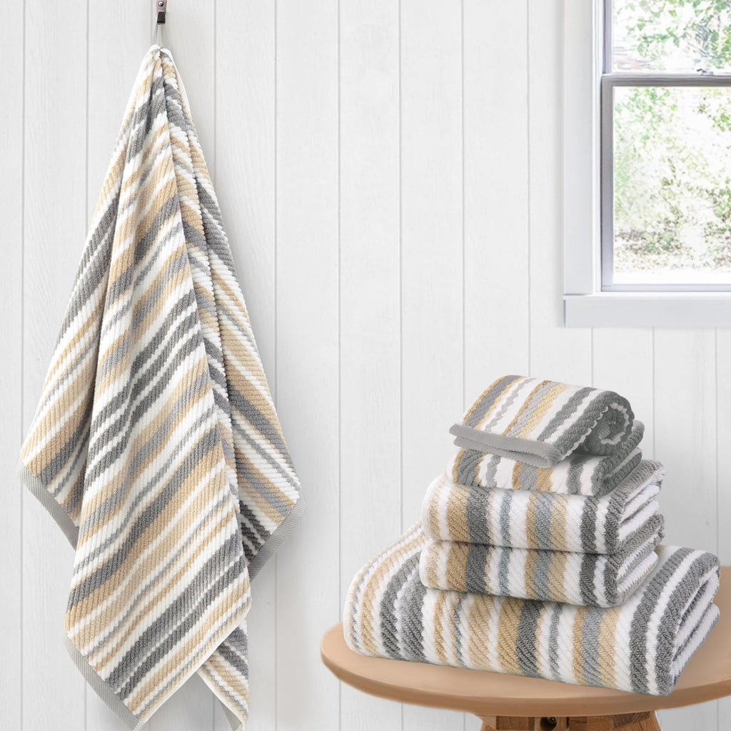 VOOVA & MOVAS Yellow Bathroom Towels 3 Pack, 100% Cotton, Gray Striped