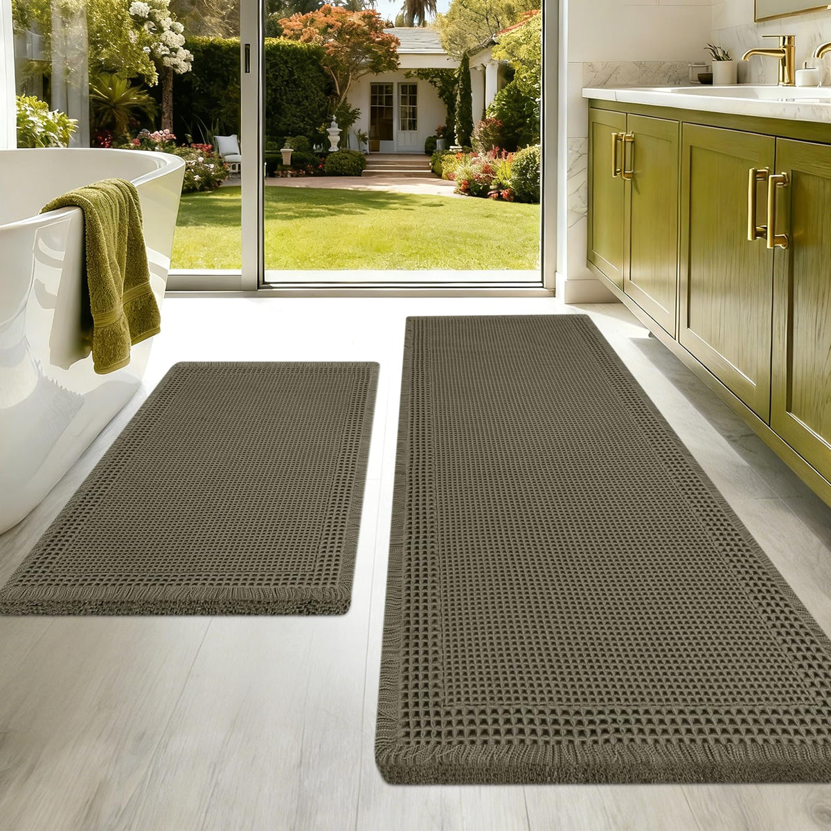 Upgraded Waffle Bath Mat Set 3 Piece Black-Looped, Super Absorbent Non-Slip Quick Dry Bathroom Rugs with Tassels, Machine Washable Ultra Soft Boho Bath Rugs for Floor, Toilet Mats Boho Farmhouse Decor