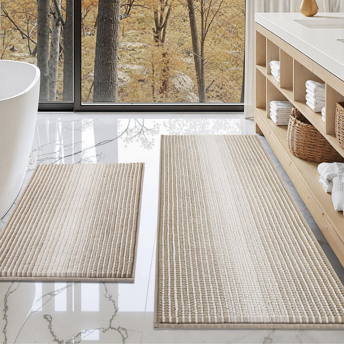 BSICPRO Bathroom Rugs Sets 2 Piece, Non Slip Striped Bath Mats, Aqua Green