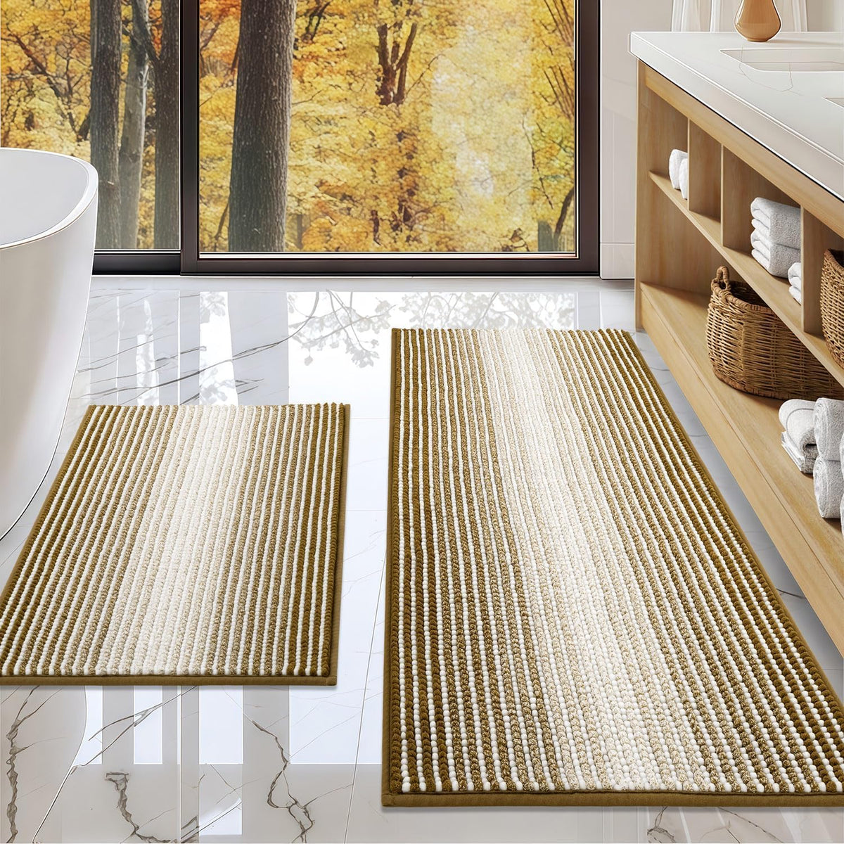 BSICPRO Bathroom Rugs Sets 2 Piece, Non Slip Striped Bath Mats, Aqua Green