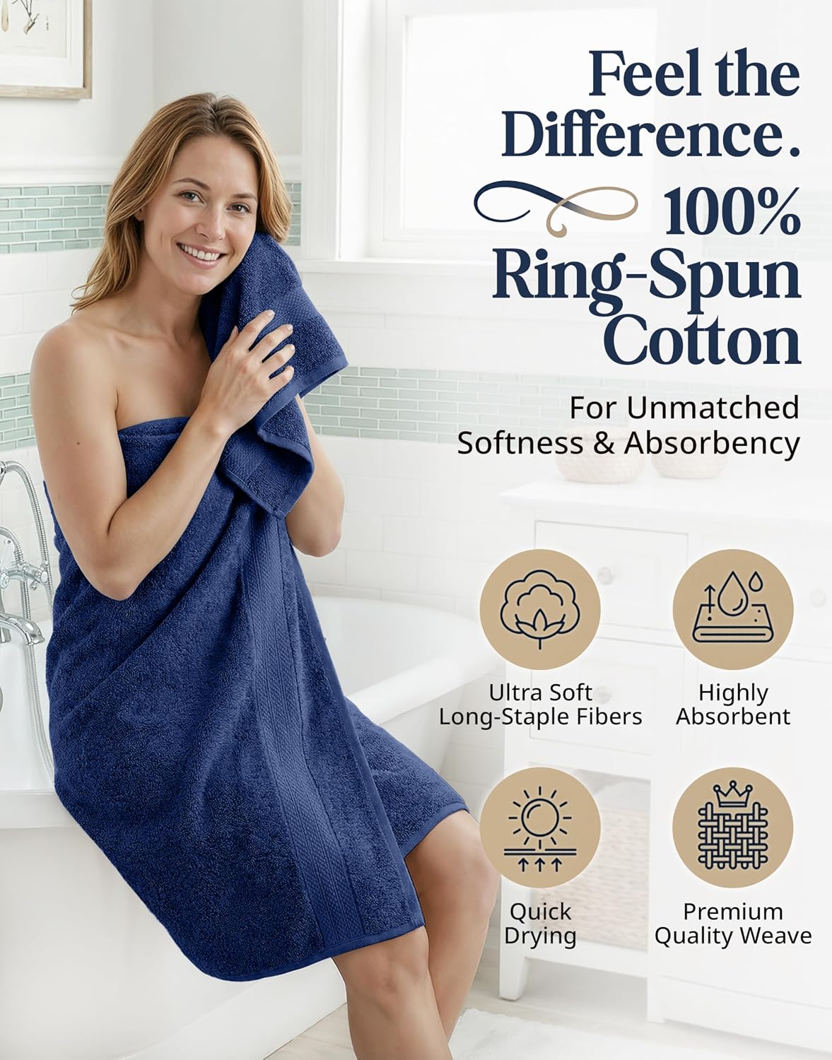 LANE LINEN Bath Towel Set Absorbent Quick Dry 100% Cotton 6 Piece - Navy