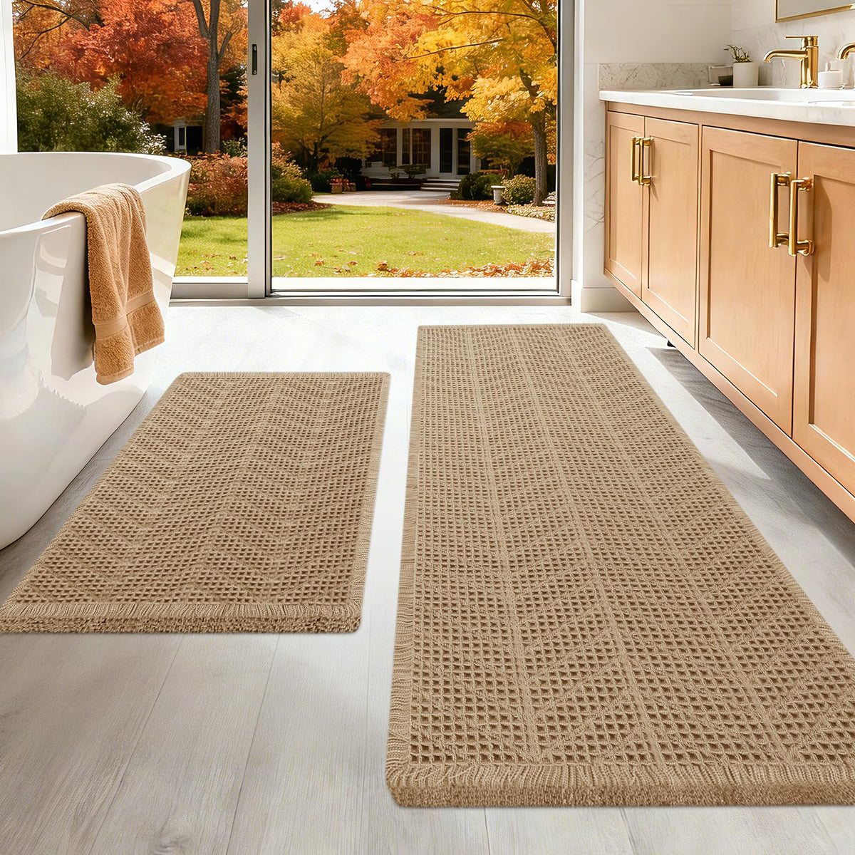 Upgraded Waffle Bath Mat Set 3 Piece Black-Looped, Super Absorbent Non-Slip Quick Dry Bathroom Rugs with Tassels, Machine Washable Ultra Soft Boho Bath Rugs for Floor, Toilet Mats Boho Farmhouse Decor