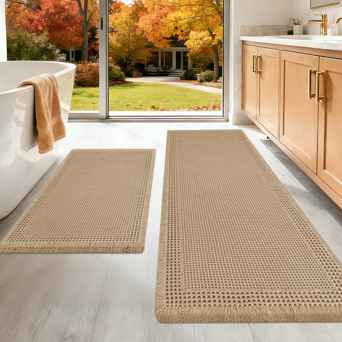 Upgraded Waffle Bath Mat Set 3 Piece Black-Looped, Super Absorbent Non-Slip Quick Dry Bathroom Rugs with Tassels, Machine Washable Ultra Soft Boho Bath Rugs for Floor, Toilet Mats Boho Farmhouse Decor