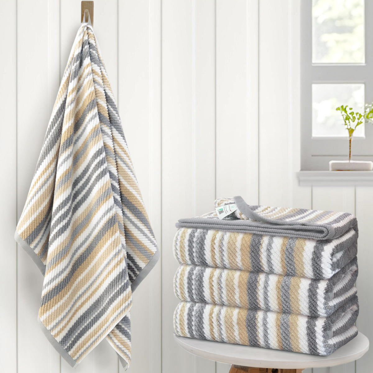 VOOVA & MOVAS Yellow Bathroom Towels 3 Pack, 100% Cotton, Gray Striped