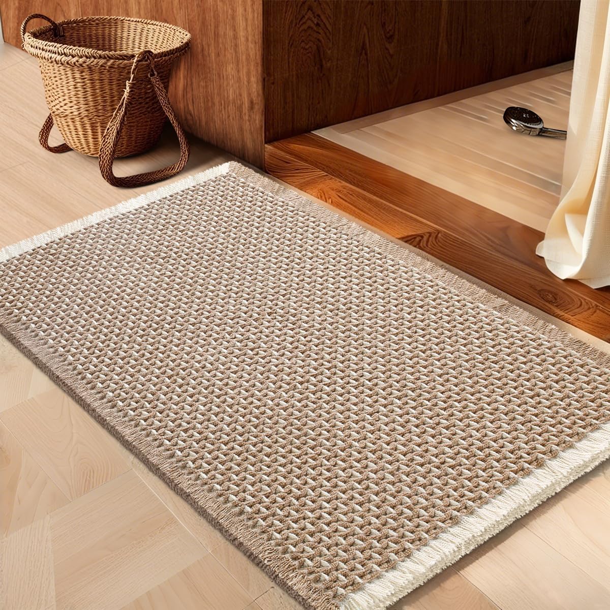 IM HOME Waffle Bath Mat Beige 32"x20", Boho Woven Modern Bath Mat Rugs, Absorbent Non Slip Bathroom Rugs, Soft Washable Bath Rugs with Tassels for Bathroom, Bedroom, Kitchen, Shower, Tub
