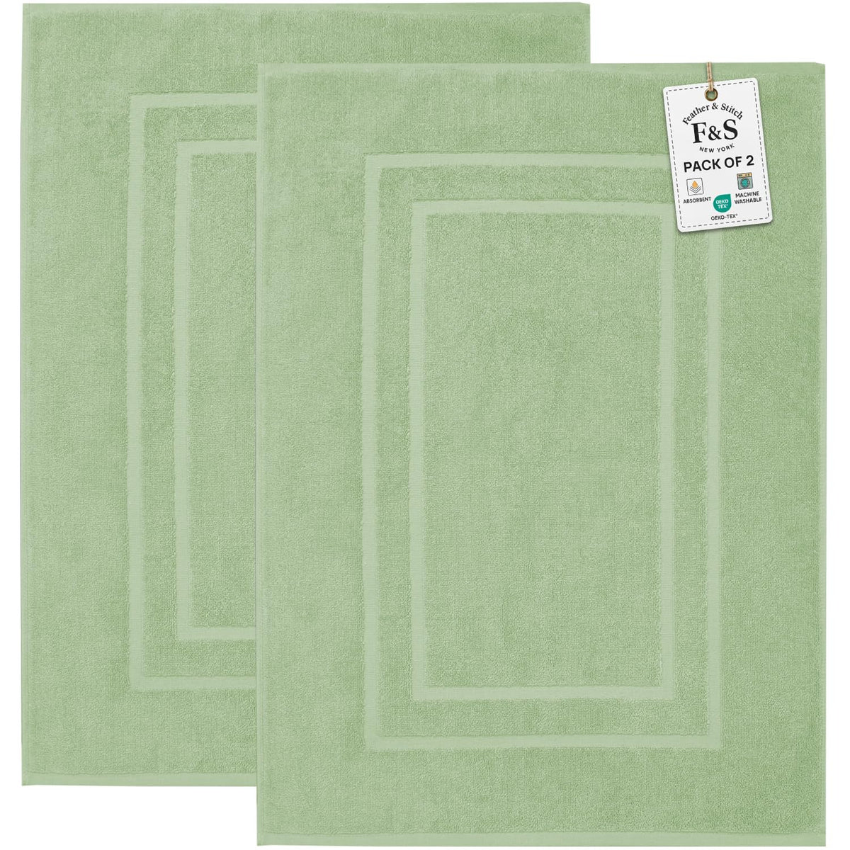 Feather & Stitch 100% Cotton Bath Mats 2 Piece 30x21 Inches, Granite Green