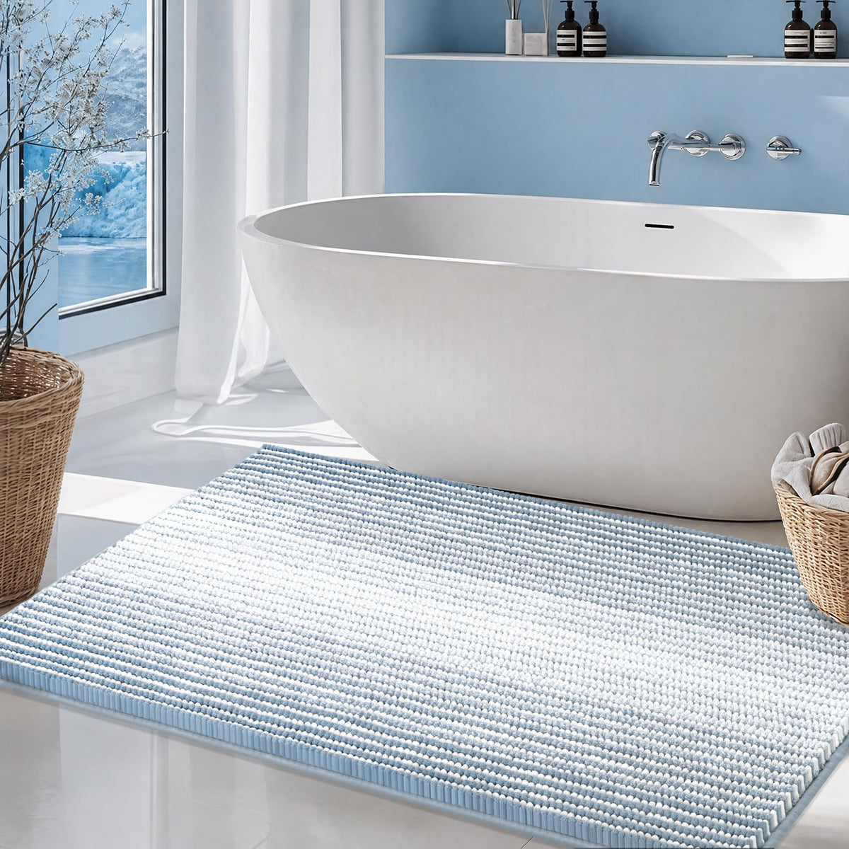 BSICPRO Bathroom Rugs Sets 2 Piece, Non Slip Striped Bath Mats, Aqua Green