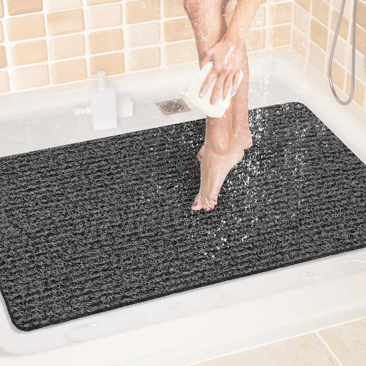 LuxStep Shower Mat Bathtub Mat,24x16 inch, Non-Slip Bath Mat with Drain, Quick Drying PVC Loofah Bathmat for Tub,Shower,Bathroom (Phthalate Free,Grey)