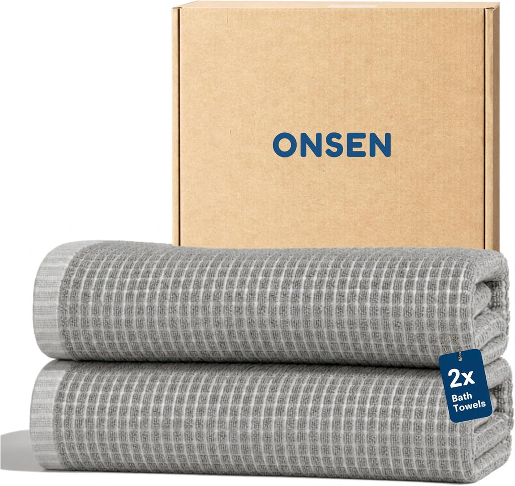ONSEN Sculpted Terry Bath Towels, 100% American Cotton, Quick Dry Lint Free, Lightweight Absorbent Bath Towel Set with Hanging Loop, 28x55 in (Grey Fog, 2X Bath Towel)