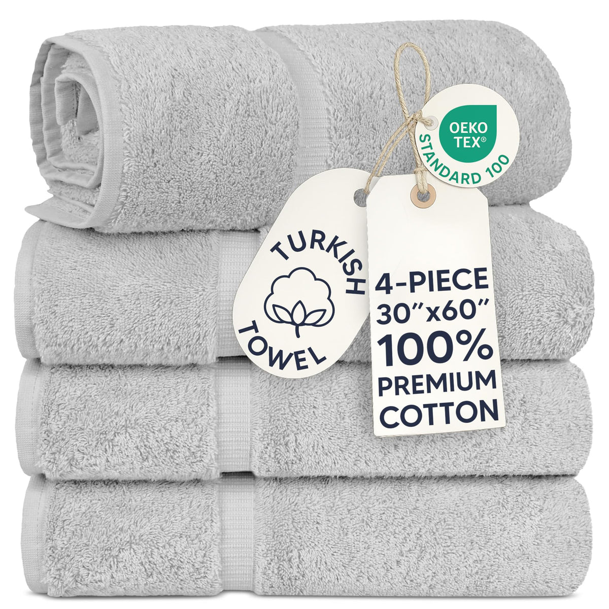Chakir Turkish Linens 100% Cotton 4-Pack Bath Towels 27x54, Gray