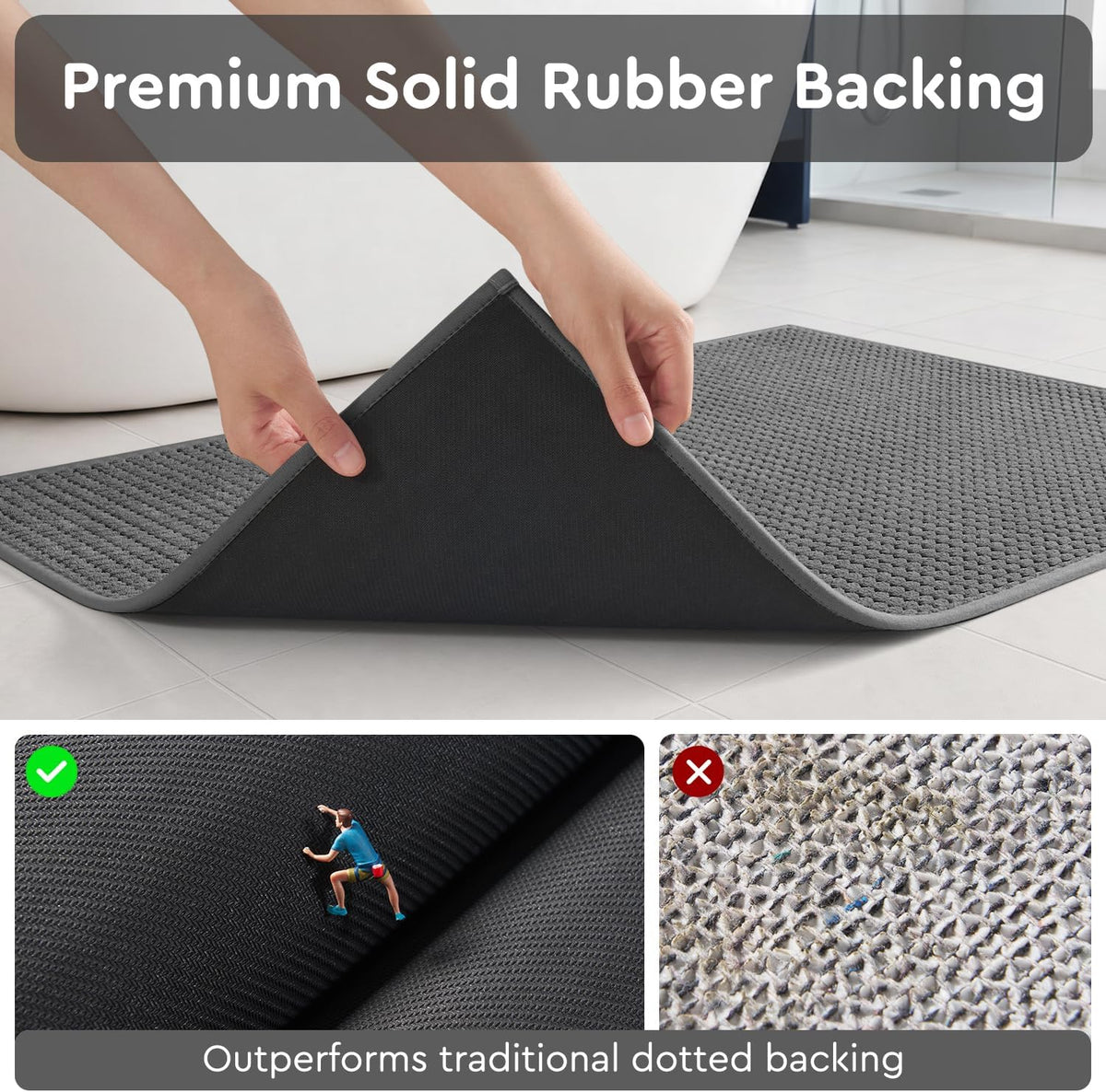 tchdio Bath Mat, Absorbent Bathroom Mat Quick Dry, Thin Bathroom Rugs Fit Under Door, Non Slip Washable Bath Rugs with Solid Rubber Backing, Low Profile Bath Mats for Bathroom, Grey, 16" x 24"