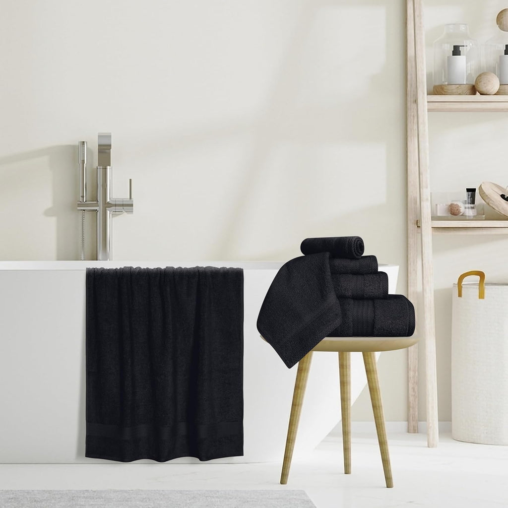 GLAMBURG Ultra Soft 8-Piece Towel Set - 100% Pure Ringspun Cotton, Contains 2 Oversized Bath Towels 27x54, 2 Hand Towels 16x28, 4 Wash Cloths 13x13 - Ideal for Everyday use, Hotel & Spa - Black