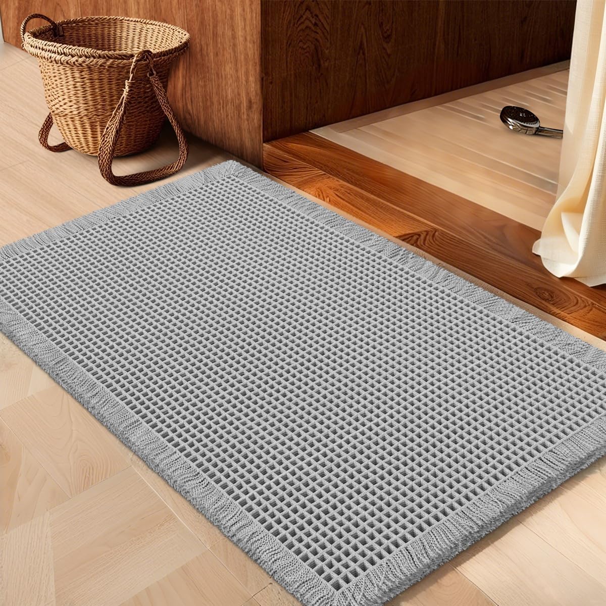 IM HOME Waffle Bath Mat Beige 32"x20", Boho Woven Modern Bath Mat Rugs, Absorbent Non Slip Bathroom Rugs, Soft Washable Bath Rugs with Tassels for Bathroom, Bedroom, Kitchen, Shower, Tub