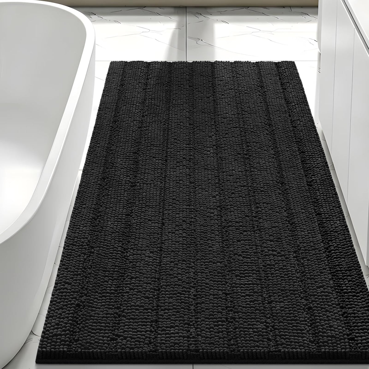 Bcoimo Small Bath Rug Mat,24x17 Chenille Non Slip Black Bathroom Floor Mats