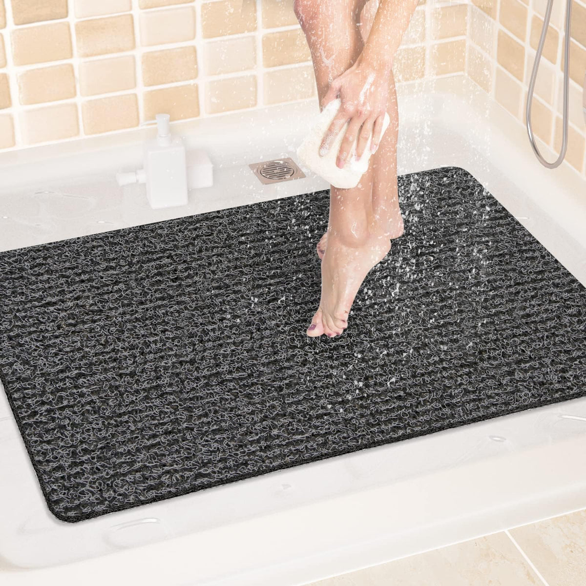 LuxStep Shower Mat Bathtub Mat,24x16 inch, Non-Slip Bath Mat with Drain, Quick Drying PVC Loofah Bathmat for Tub,Shower,Bathroom (Phthalate Free,Grey)