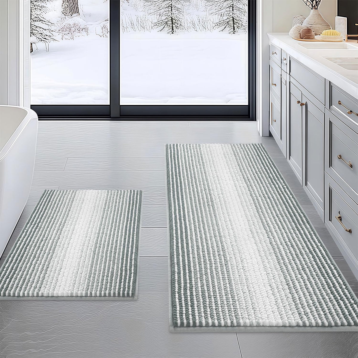 BSICPRO Bathroom Rugs Sets 2 Piece, Non Slip Striped Bath Mats, Aqua Green