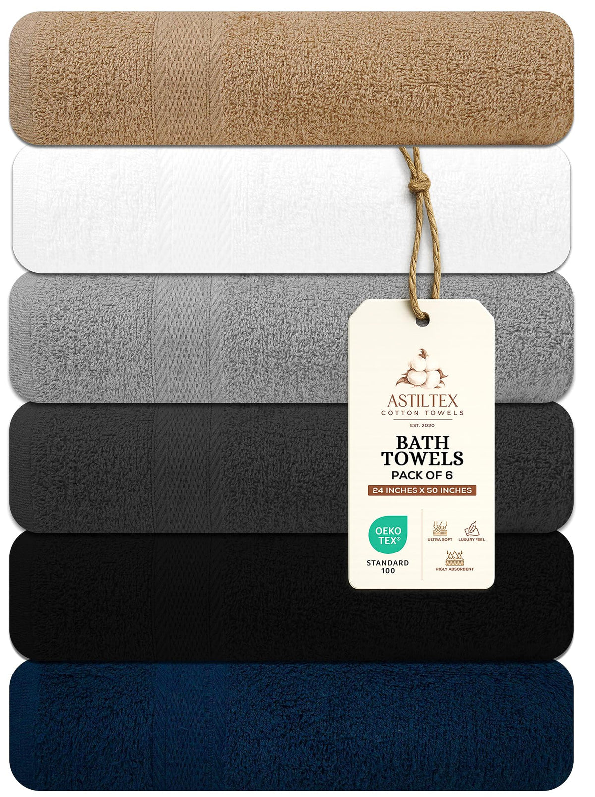 Bath Towels Pack of 6 – 24" x 48" – 100% Cotton Terry, Soft, Quick-Dry & Highly Absorbent – Black Towels for Bathroom, Spa, Gym, Hotel, Pool & Everyday Use