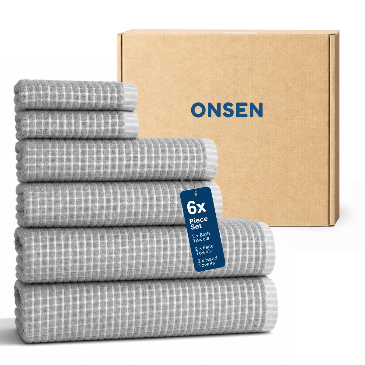 ONSEN Sculpted Terry Bath Towels, 100% American Cotton, Quick Dry Lint Free, Lightweight Absorbent Bath Towel Set with Hanging Loop, 28x55 in (Grey Fog, 2X Bath Towel)