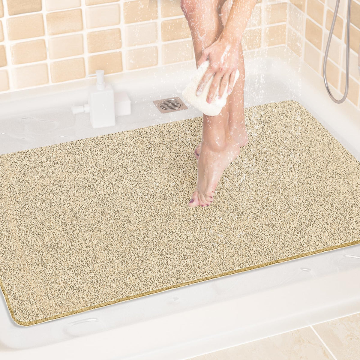 LuxStep Shower Mat Bathtub Mat,24x16 inch, Non-Slip Bath Mat with Drain, Quick Drying PVC Loofah Bathmat for Tub,Shower,Bathroom (Phthalate Free,Grey)